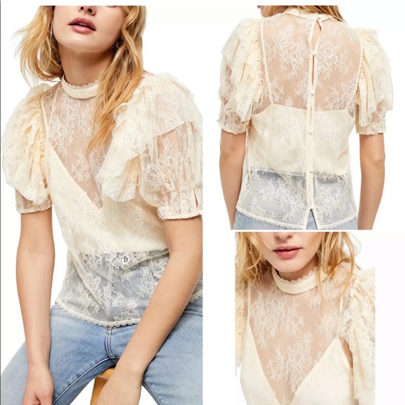 Free people Secret Admirer Lace Blouse Puff Top M - Picture 5 of 6
